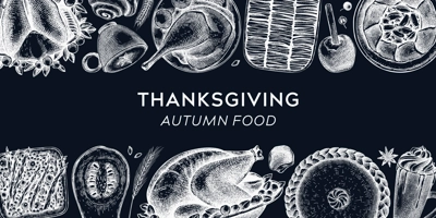 Thanksgiving dinner banner on chalkboard. Fall food and drinks trendy frame design. Vintage turkey, vegetables, pies, and hot drinks sketches. Vector autumn food template. Thanksgiving background